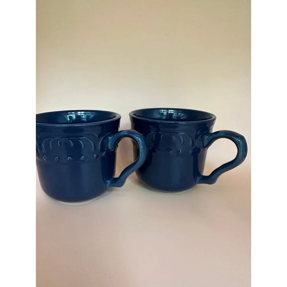 Candice Collection Elegant Dining Navy Blue Embossed Stoneware Coffee Mugs Set 2